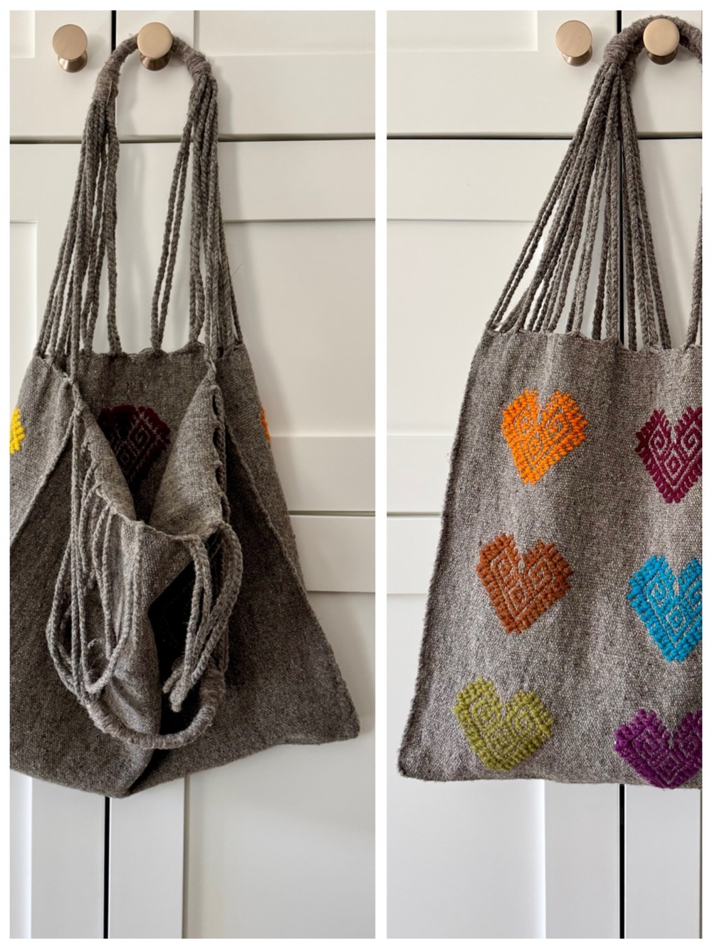 Mexican Handcrafted Grey Wool Knit Shoulder Tote, Woven Hearts Market Bag - Picture 14 of 17